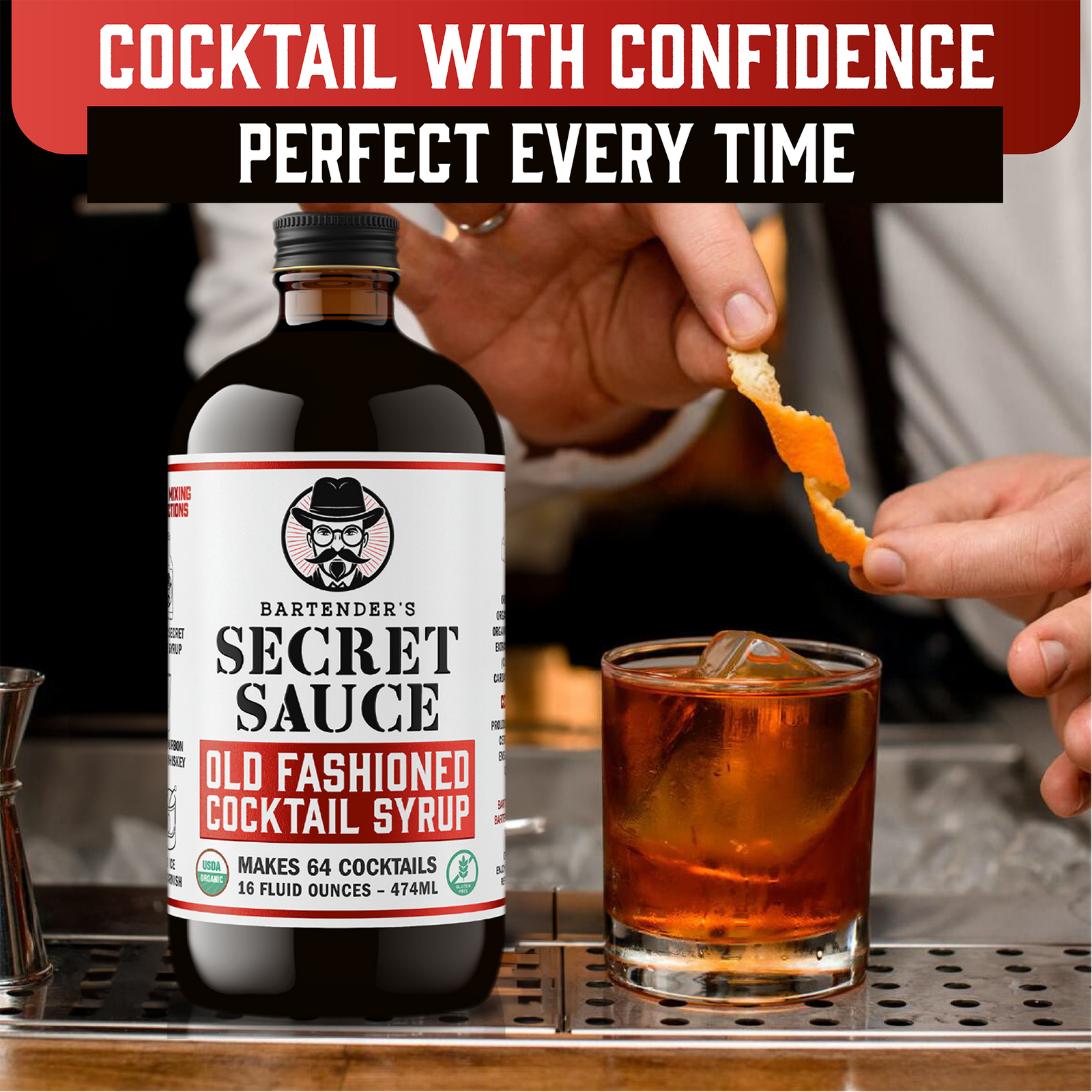 Bartender’s Secret Sauce USDA Organic Old Fashioned Mix – 16 oz Bottle (Makes 64 Cocktails, Gluten-Free, OU Kosher)
