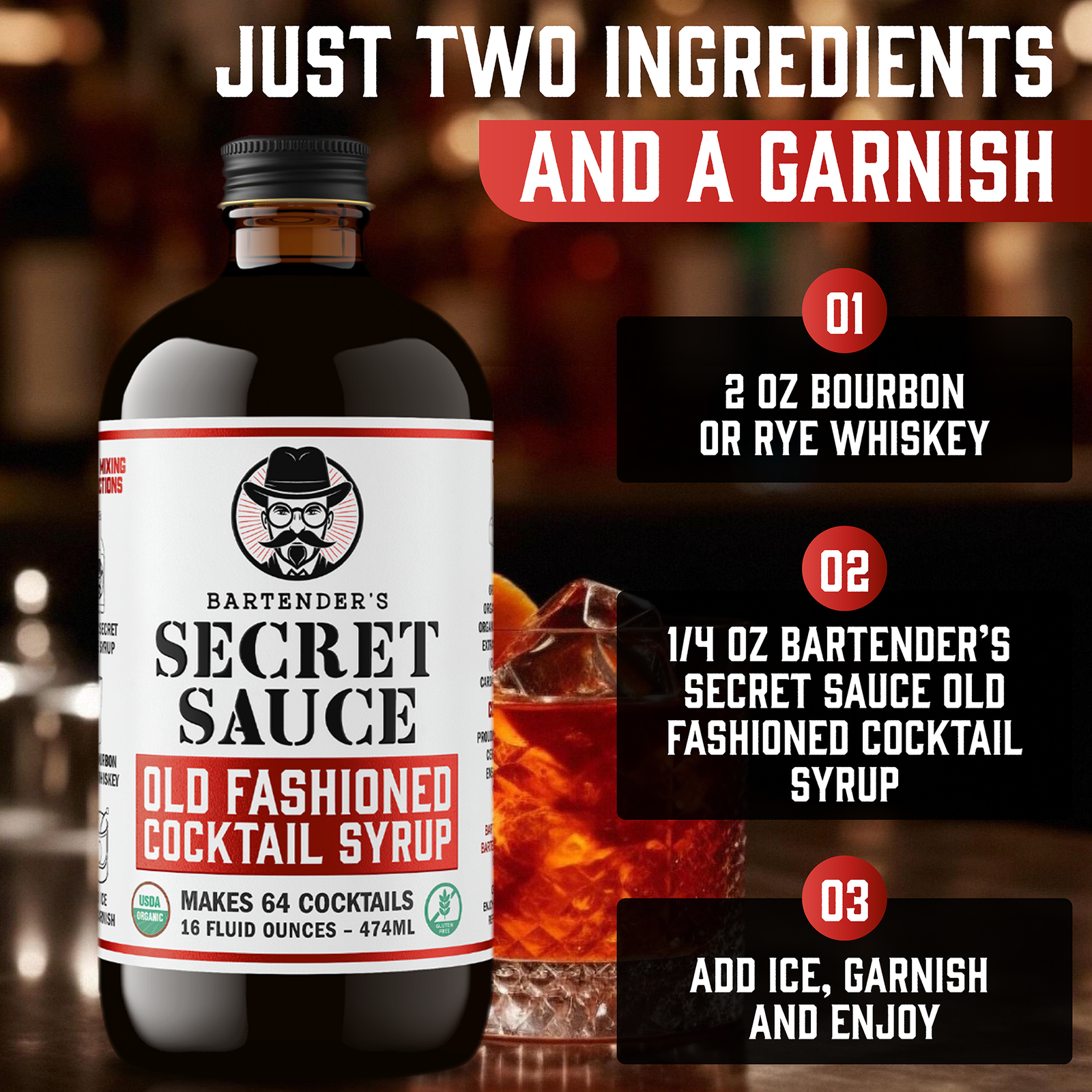 Bartender’s Secret Sauce USDA Organic Old Fashioned Mix – 16 oz 2-Pack + 4-Cube Ice Mold (Makes 128 Cocktails, Gluten-Free, OU Kosher)