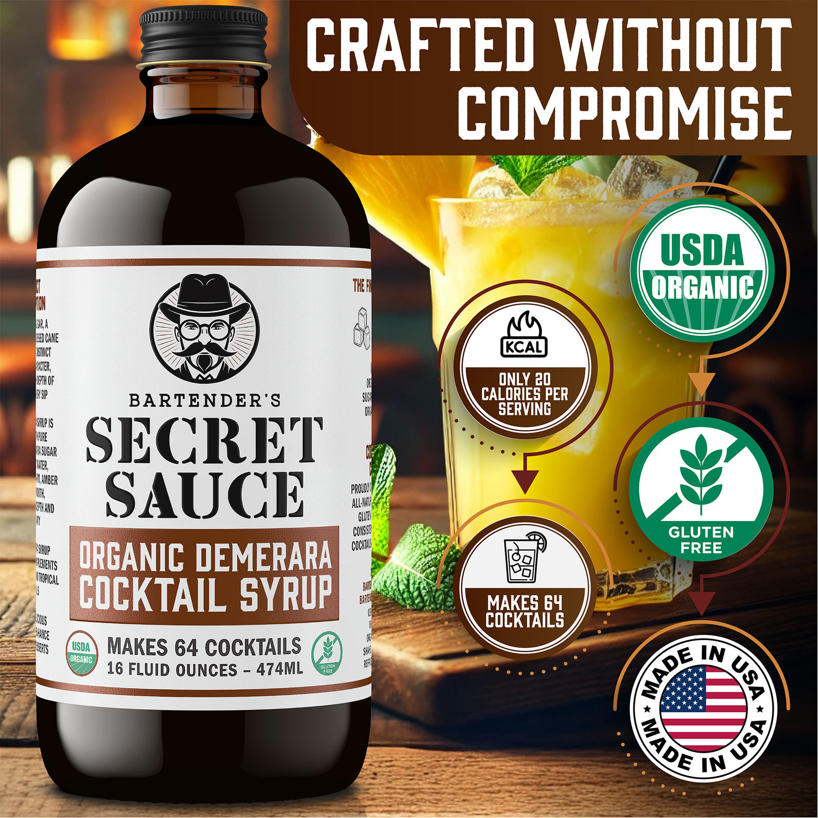 Bartender’s Secret Sauce USDA Organic Demerara Syrup – 16 oz 2-Pack (Cocktails, Coffee & Kitchen, Gluten-Free, OU Kosher)