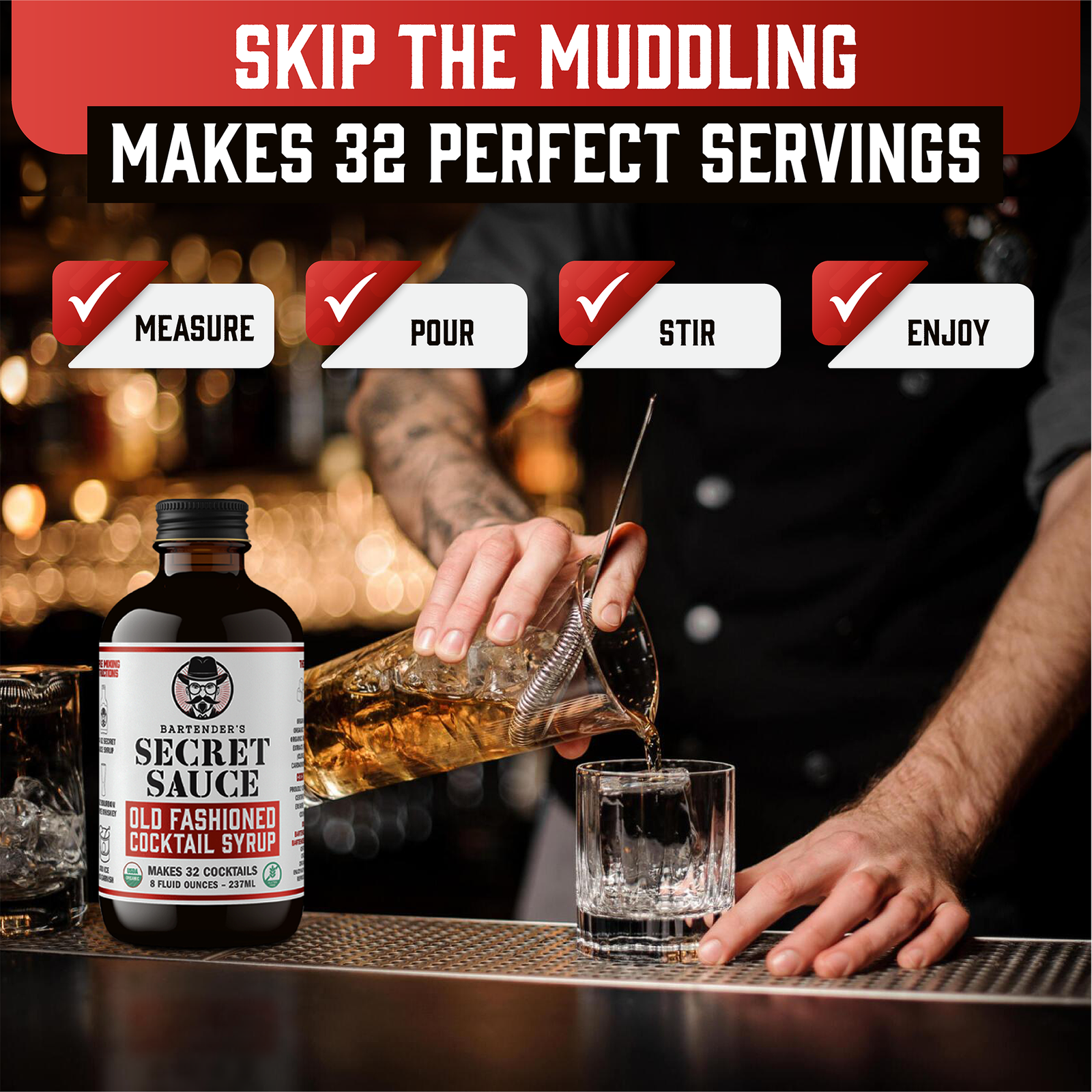 Bartender’s Secret Sauce USDA Organic Old Fashioned Mix – 8 oz Bottle (Makes 32 Cocktails, Gluten-Free, OU Kosher)