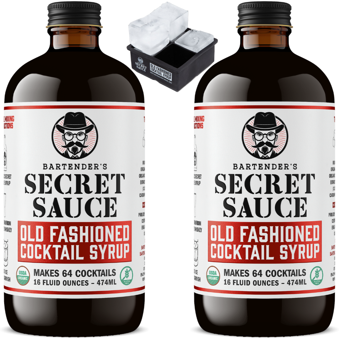 Bartender’s Secret Sauce Old Fashioned Cocktail Syrup - Makes 128 Cocktails - 16 OZ (Pack of 2) with 1 Ice Mold -  USDA Organic, Gluten Free, OU Kosher - Contains Bitters, Orange Peel, Cherry and Organic Cane Sugar