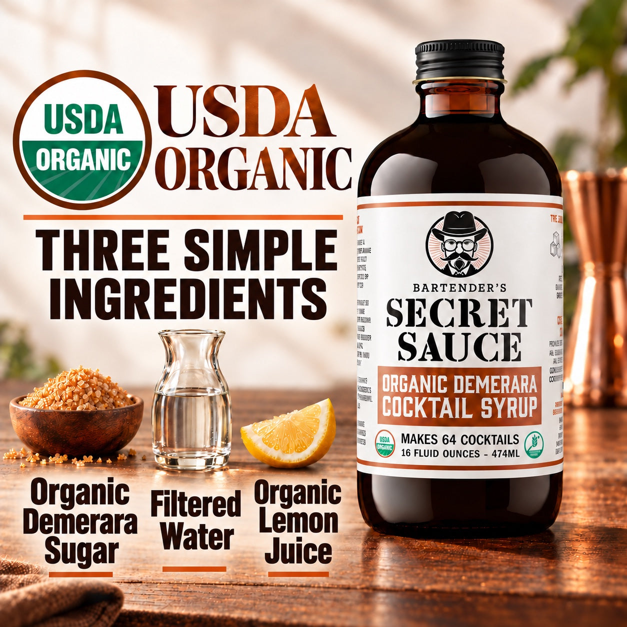 Bartender’s Secret Sauce USDA Organic Demerara Syrup – 16 oz Bottle (Cocktails & Coffee, Gluten-Free, OU Kosher)