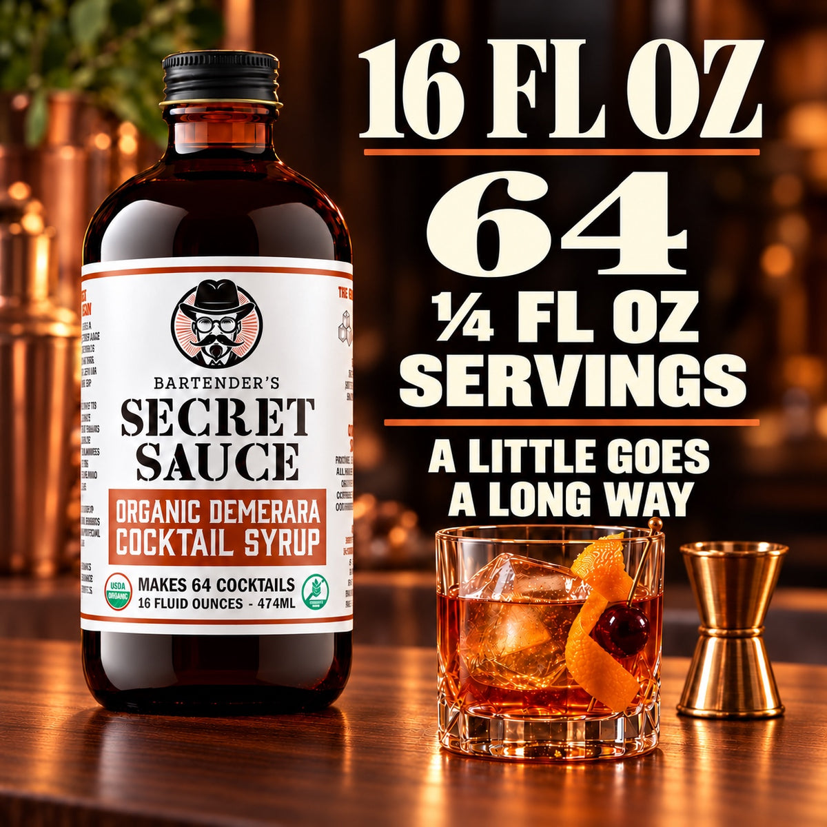 Bartender’s Secret Sauce USDA Organic Demerara Syrup – 16 oz Bottle (Cocktails & Coffee, Gluten-Free, OU Kosher)