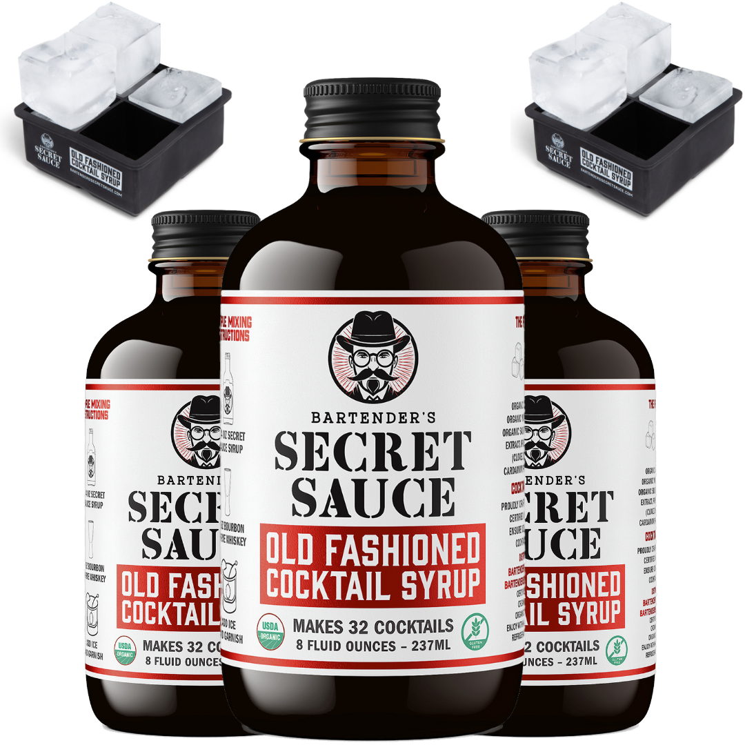 Bartender's Secret Sauce Old Fashioned Syrup - Makes 96 Cocktails - 3 8-Ounce + 2 Large Square 4-Cube Ice Mold - Contains Bitters, Orange Peel, Cherry and Organic Cane Sugar