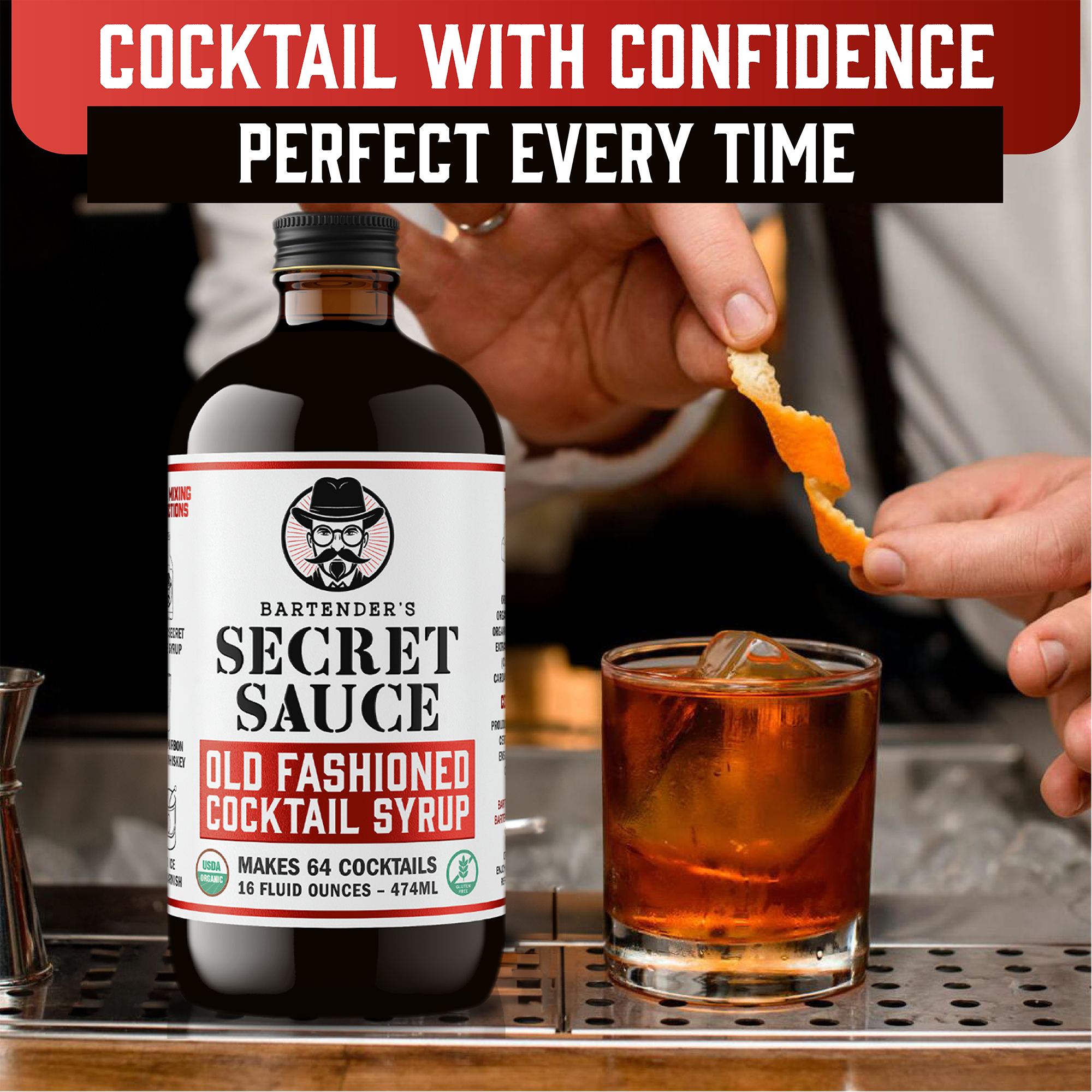 Bartender’s Secret Sauce Old Fashioned Cocktail Syrup - Makes 128 Cocktails - 16 OZ (Pack of 2) with 1 Ice Mold -  USDA Organic, Gluten Free, OU Kosher - Contains Bitters, Orange Peel, Cherry and Organic Cane Sugar
