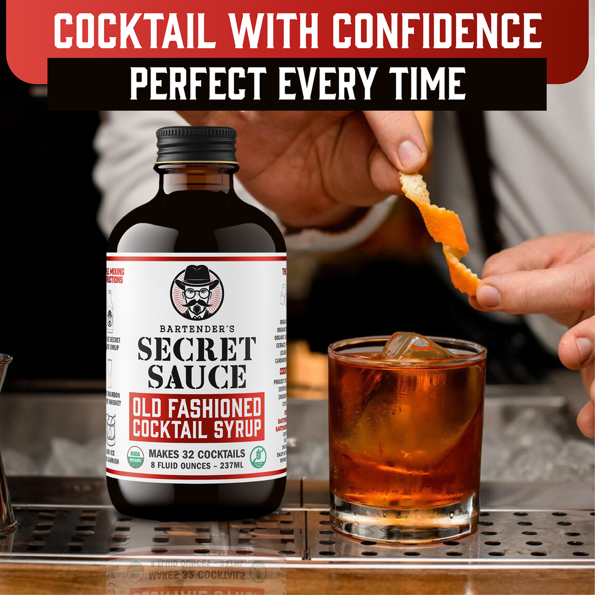 Bartender’s Secret Sauce USDA Organic Old Fashioned Mix – 8 oz 2-Pack + 4-Cube Ice Mold (Makes 64 Cocktails, Gluten-Free, OU Kosher)