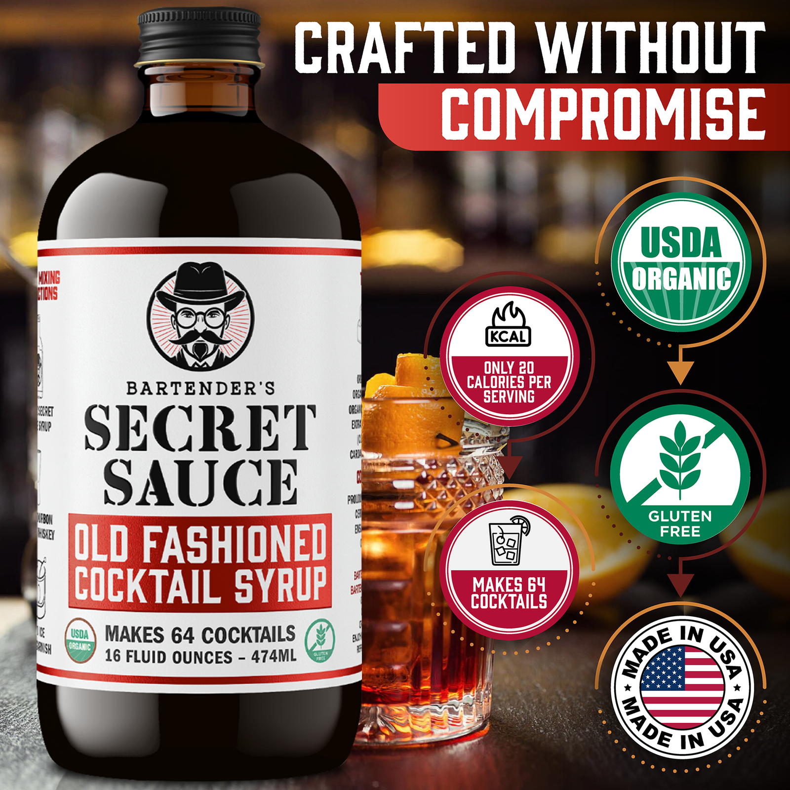 Bartender’s Secret Sauce USDA Organic Old Fashioned Mix – 16 oz Bottle (Makes 64 Cocktails, Gluten-Free, OU Kosher)