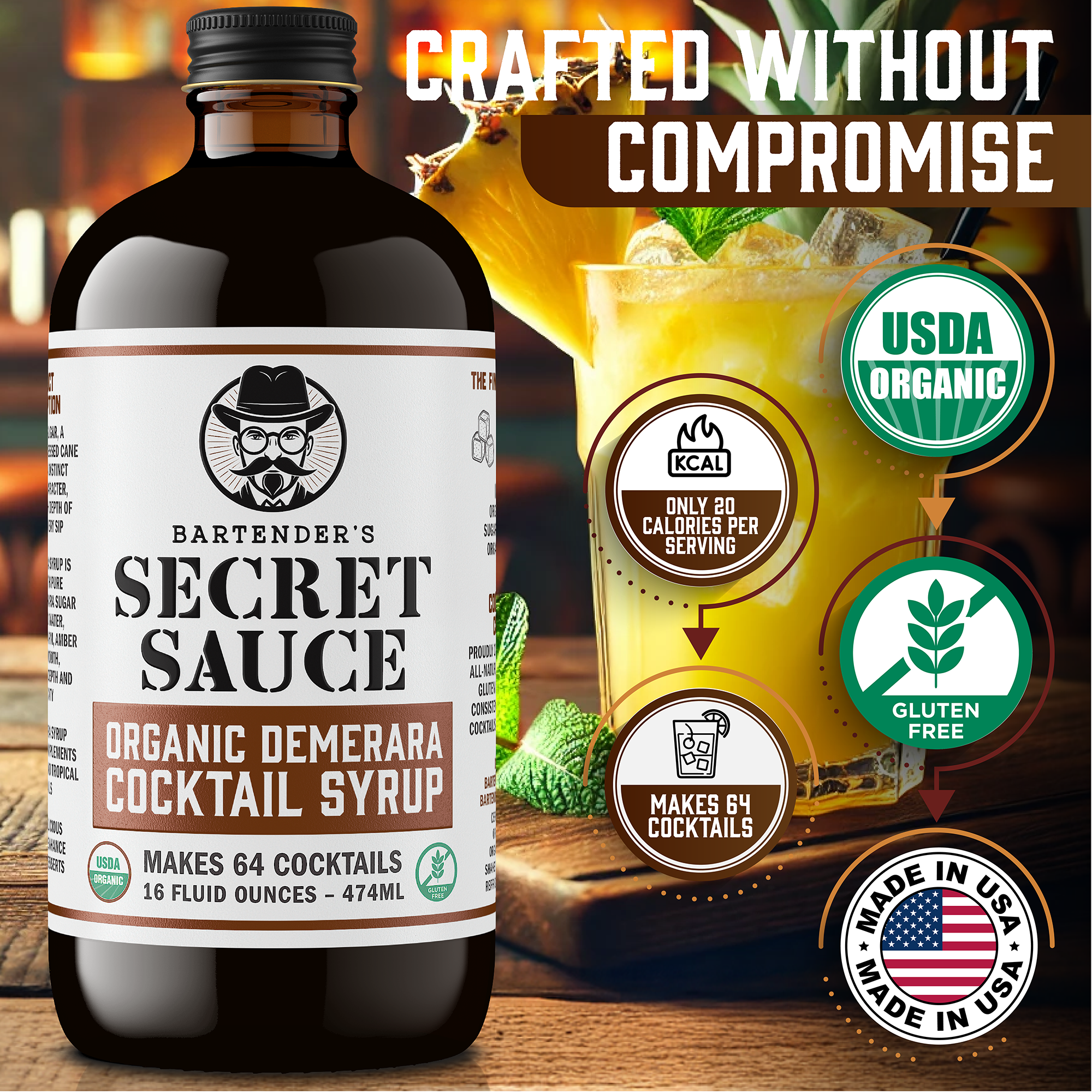 Bartender's Secret Sauce USDA Organic Demerara Cocktail Syrup - 16 Ounce