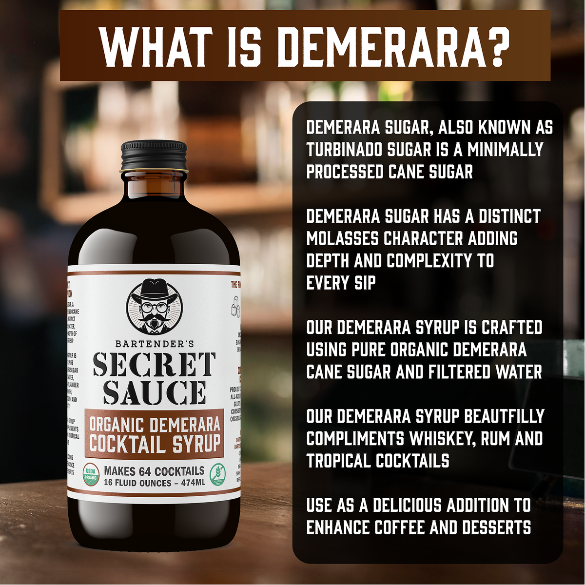 Bartender’s Secret Sauce USDA Organic Demerara Syrup – 16 oz Bottle (Cocktails & Coffee, Gluten-Free, OU Kosher)