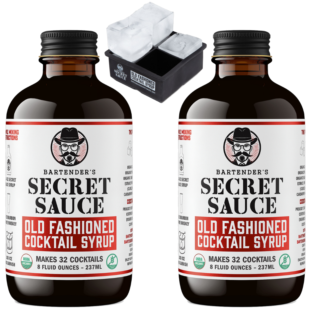 Bartender’s Secret Sauce Old Fashioned Cocktail Syrup - 8-Ounce 2-Pack and 1 4-Cube 2" Silicone Ice Mold, Syrups Make 64 Cocktails, USDA Organic, Gluten Free