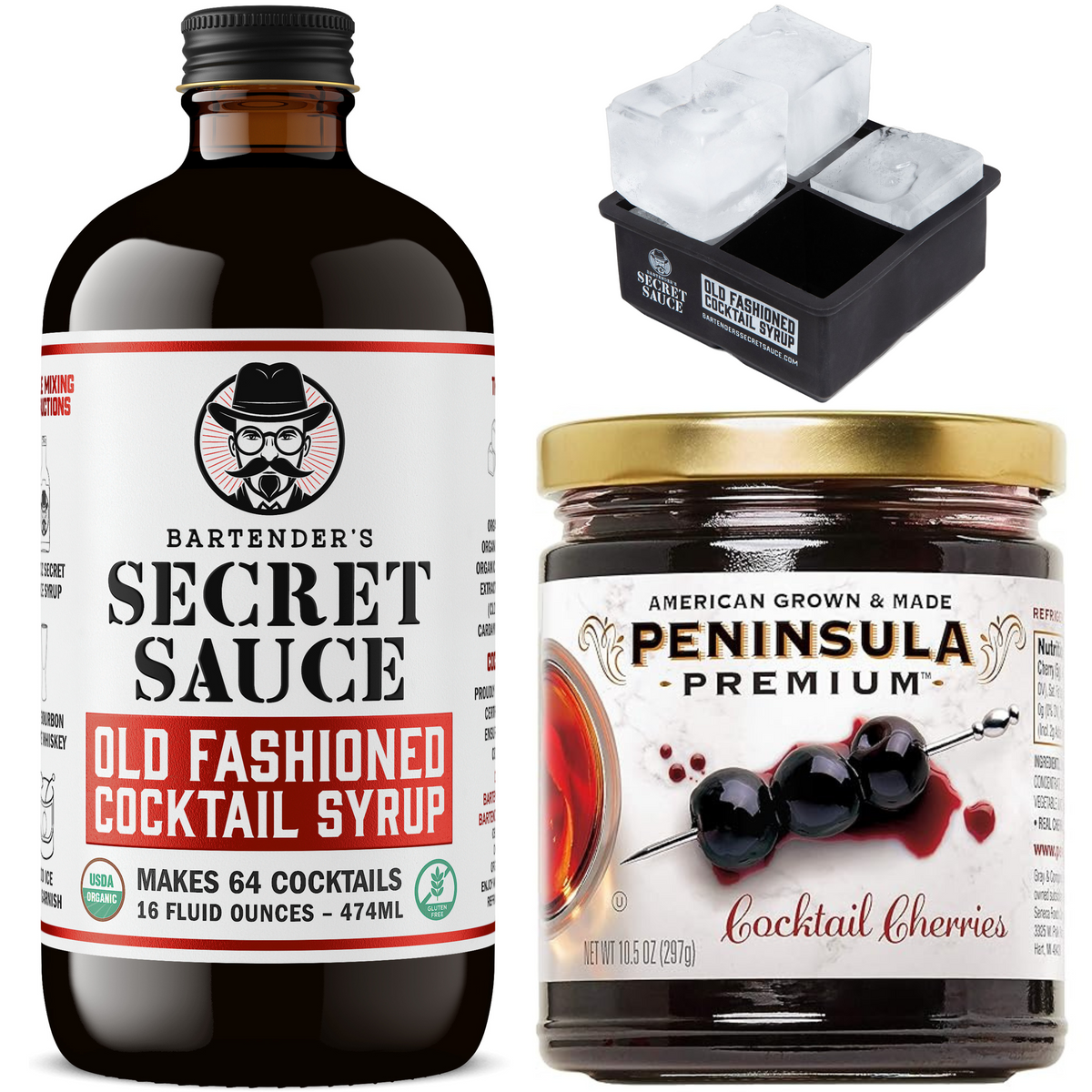 USDA Organic Bartender’s Secret Sauce Old Fashioned Mix 16oz + Gourmet 10.5oz Peninsula Premium Cocktail Cherries + 2”x2” Ice Mold