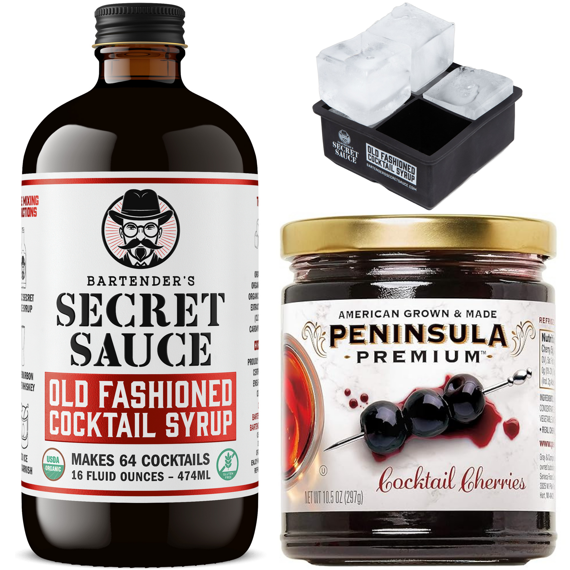 USDA Organic Bartender’s Secret Sauce Old Fashioned Mix 16oz + Gourmet 10.5oz Peninsula Premium Cocktail Cherries + 2”x2” Ice Mold